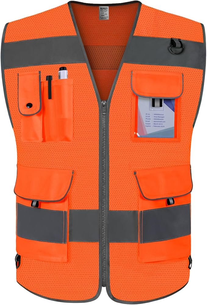 TCCFCCT Orange Safety Vest for Men Women 9 Pockets Mesh High Visibility Reflective Vest for Safety, Work Vest with Reflective Strips, Meets ANSI/ISEA Standards, 5X-Large