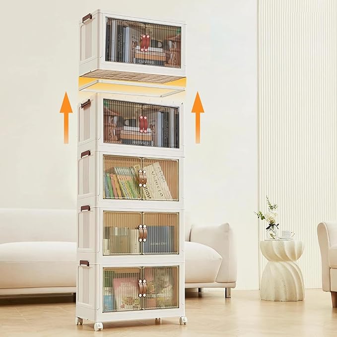 4 Tier Plastic Stackable Storage Bins and Boxes Organizer, Foldable Containers, Stackable Closet Organizers, Collapsible Boxes, White (5 Tier, 23.6″)