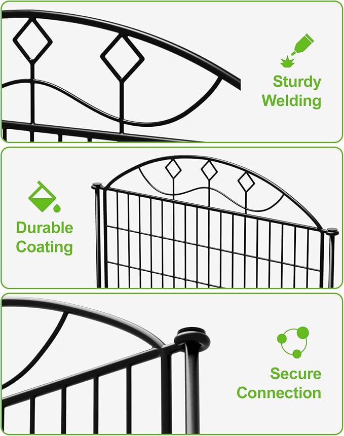 40in Tall 10-Panel Metal Garden Fence with Gate, No Dig Temporary Yard Fencing, Reusable Animal Barrier for Large Dogs & Garden Protection, Black(with Lock)