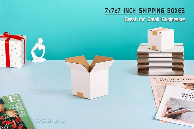 7x7x7 inch Small Shipping Boxes, White Corrugated Cardboard Boxes for E-Commerce, Mailing, Storage, Gifts Wrapping, 25 Pack