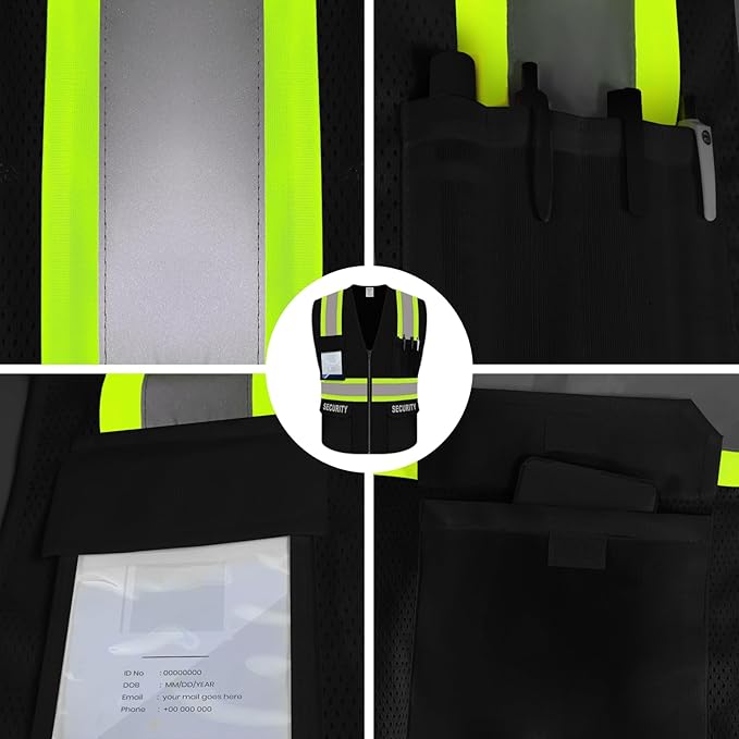 Security Vest for Men Women, High Visibility Vest with Pockets & Zipper, Neon Work Wear with Reflective Strips, ANSI Compliant, Black, 2XL