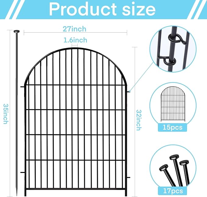 Tall Garden Fence with Gate, 32 in(H) x35 Ft(L) Garden Fencing Animal Barrier, 16 Panels Dog Digging Fences Barrier, Black Rustproof Flower Fence Border, Flower Bed Fencing for Outdoor Yard