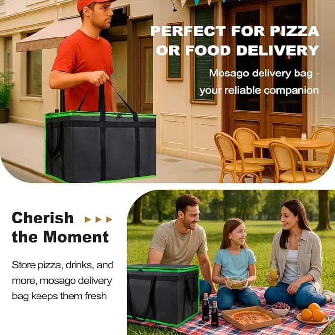 XXXL Insulated Food Delivery Bag - Reusable Thermal Cooler Grocery Bags for Catering&Delivery, Pizza Carrier for Events, Large Capacity Bag Keeps Food Hot/Cold, Commercial (Black with Green Trim, 1PK)