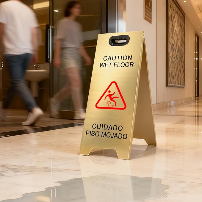 2 Pack Stainless Steel Wet Floor Sign, 24 Inch Caution Wet Floor Sign Portable Foldable Bilingual Safety Warning for Hotel Market Restroom Restaurant Office (Gold)