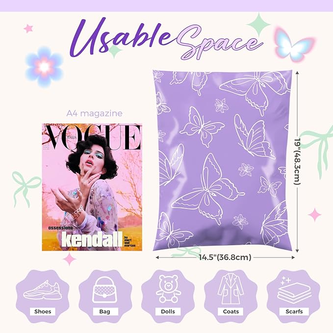 Metronic Poly Mailers 14.5x19 Inch 500pc Shipping Bags for Clothes,Self Adhesive Shipping Envelopes for Small Business,Waterproof Mailers Poly Bags for Shipping,Packaging Mailing Bags Purple Butterfly
