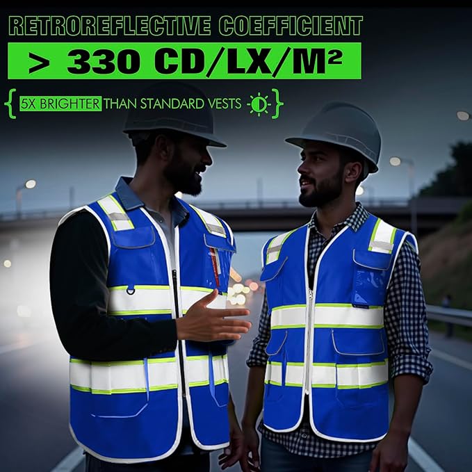 BeautyWill 5Pack Custom Logo Safety Vest 8 Pockets Class2 ANSI Certified High Visibility Reflective Vest for Men - Personalized Logo Heavy-Duty Work Vest（Blue，XXL）