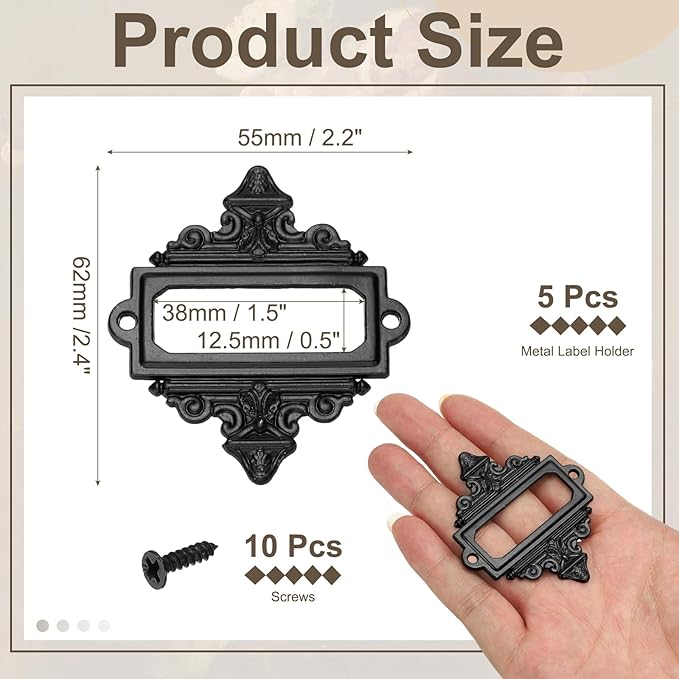 uxcell 5 Pcs Metal Label Holder, 2.2 x 2.4 Inch Small Vintage Card Frame Tag Floral Lace Label Holder with Screws for File Boxes Drawers Door Cabinet Book Shelves, Black