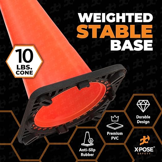 Xpose Safety 36 Inch Orange Traffic Cones, 4-Pack - Multipurpose PVC Plastic Safety Cone for Parking, Soccer, Caution, Kids and Construction - DOT Approved