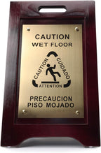 Premium Wooden Caution Wet Floor Sign – Bilingual w/Non-Skid Plastic Feet, Brass Plate – For Hotels, Schools, Offices, Areas, Restrooms, Pool Decks & Shops