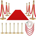 12Pcs Stainless Steel Stanchion Posts with 5ft Red Velvet Ropes - Crowd Control Barriers & Queue Line Kit with 26ft Red Carpet for Wedding, Party, Theater Supplies