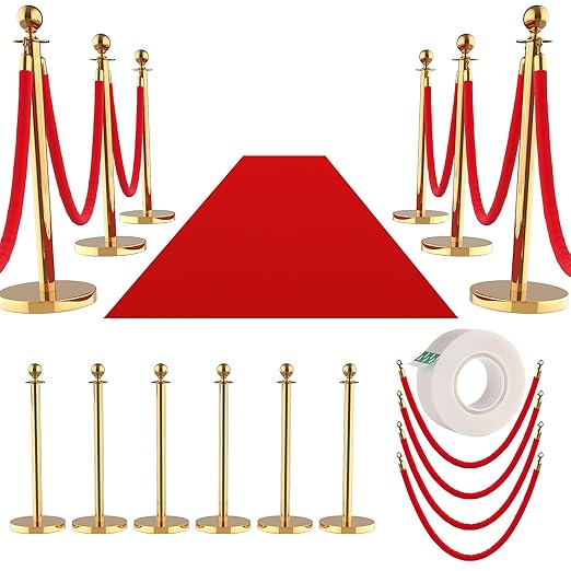 8Pcs Stainless Steel Stanchion Posts with 5ft Red Velvet Ropes - Crowd Control Barriers & Queue Line Kit with 26ft Red Carpet for Wedding, Party, Theater Supplies