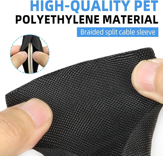 Automotive Wire Loom Tubing, Split Braided Cord Protectors from Pets No Chew, Flexible Cable Sleeve Cable Management for TV/Computer/Electric Wires (Black, 1/2"-25ft)