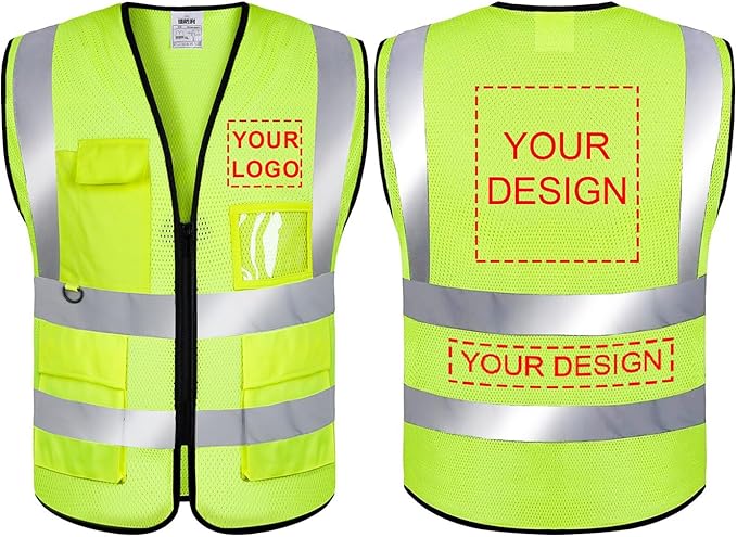 BeautyWill Custom Logo Mesh Safety Vest Class2 High Visibility Reflective Vest with 5 Pockets Construction Security Work Vest ANSI/ISEA Standards（Yellow，3XL ）
