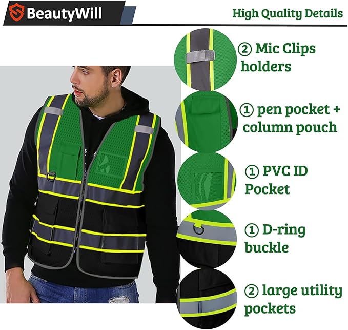 10 Pack Custom Safety Vest Customized Logo Mesh Vest Class 2 High Visibility Reflective Vest with Pockets Workwear（Green Black，S ）