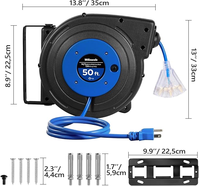 Retractable Extension Cord Reel, 50 FT Heavy Duty Power Cord, 14AWG/3C SJTOW, 3 Grounded Outlets Lighted Triple Tap, 13 Amp Circuit Breaker, UL Listed, Blue U50CR06