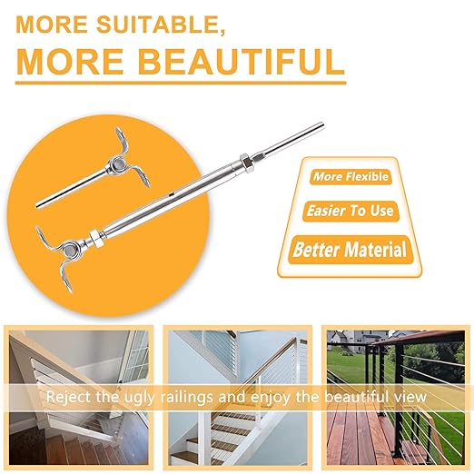WAYSKA 12 Pairs T316 Stainless Steel Cable Railing Kit Fit 3/16" Stainless Steel Cable Wire Rope, Swage Toggle Turnbuckle Tensioner and End Fittings for Cable Railing System
