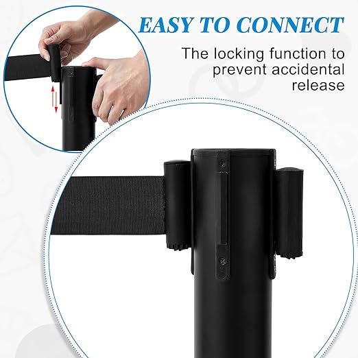 Geelin Heavy Duty Crowd Control Stanchions Stainless Steel Stanchion Set with Safety Barrier Post with Retractable Belt and Sign Holder Crowd Control Barrier(9.8ft,Black,12 Pcs Sets)