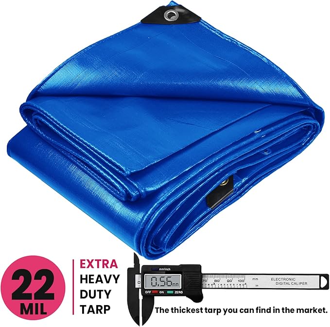 PROTARP Extreme Heavy Duty 22 Mil Tarp Cover, Waterproof, UV Resistant, Rip and Tear Proof, Poly Tarpaulin with Reinforced Edges for Roof, Camping, Patio, Pool, Boat. (Blue 24′ X 64′)