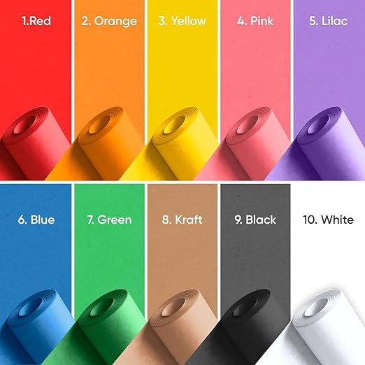 24" x 1200" (100 ft) Pack of 10 Rolls USA-Made Multi-Color Kraft Paper, 45 lbs/66 GSM – Colored Kraft Paper for Packing, Crafts, DIY Projects, Gift Wrapping – Non-Toxic, Safe for Kids