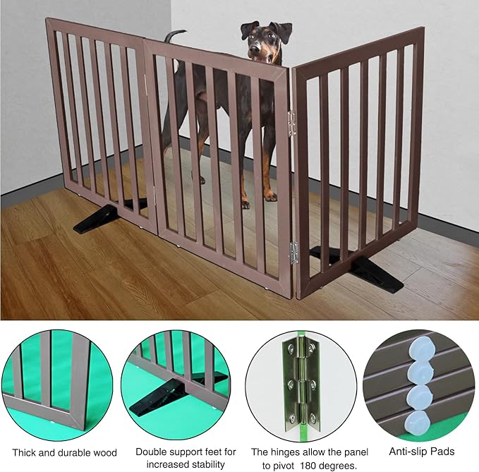 ZJSF Freestanding Indoor Dog Gate for House Foldable Wood Puppy Gate for Doorways Pet Gate for Stairs Extra Wide Pet Fence, Brown, 24" Height 2 Panels