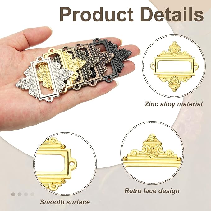 uxcell 5 Pcs Metal Label Holder, 2.2 x 2.4 Inch Small Vintage Card Frame Tag Floral Lace Label Holder with Screws for File Boxes Drawers Door Cabinet Book Shelves, Gold Tone