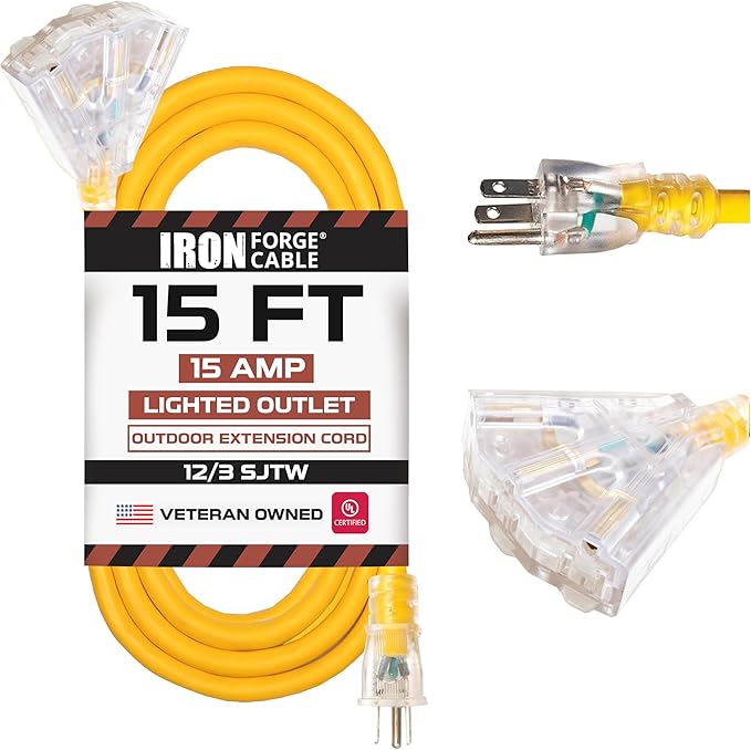 IRON FORGE CABLE 15 Foot Lighted Outdoor Extension Cord with 3 Electrical Power Outlets - 12/3 SJTW Heavy Duty Yellow Extension Cable with 3 Prong Grounded Plug for Safety