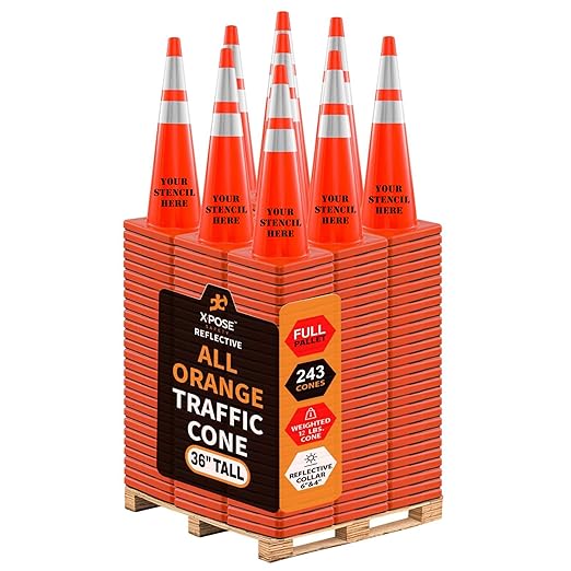 Xpose Safety 36 Inch Orange Traffic Cones Heavy Duty 12lb with 6" & 4" Collars - Bulk Full Pallet 243 Pack - Multipurpose PVC Plastic Safety Cone for Parking, Caution & Construction - MUTCD Compliant