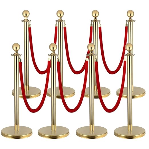 8pcs Gold Stanchions Post with 6pcs 5 ft Red Velvet Rope, Red Carpet Ropes and Poles, Crowd Control Barriers Decorations for Red Carpet, Parties, Wedding, Exhibitions,Theaters,Clubs
