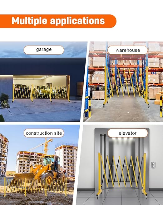 GCCSJ Industrial Expandable Metal Barricade with Wheels, 11.5 Feet Long Folding Security Gate, Retractable Metal Barrier for Construction Site Elevator Traffic Control Garage, Yellow and Black