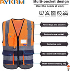 A-SAFETY High Visibility Safety Vest with 4 Reflective Strips 7 Pockets,Orange&Navy Mesh X-Small