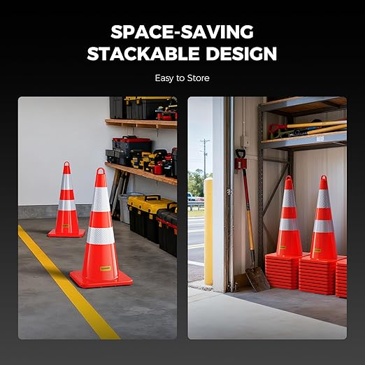 6 Pack 28 Inch Traffic Cones, from -22℉ to 131℉, MUTCD-Compliant Orange Safety Cone with Reflective Collar ＆ Extra Caution Tape for Parking Lot, Construction Work, Road Safety