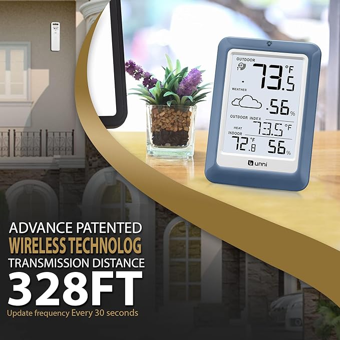 Indoor Outdoor Thermometer Hygrometer Wireless Weather Station, Temperature Humidity Monitor Battery Powered Inside Outside Thermometers with 330ft Range Remote Sensor(Blue)