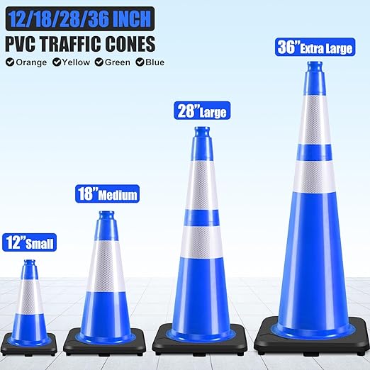 Fluorescent Orange/Green PVC Traffic Cones, Heavy Black Base Parking Lot Cone Structurally Stable Weatherproof Road Construction Safety Cones (4, Blue, 28" Large)