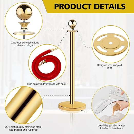 Stainless Steel Stanchion Post Queue 5 ft Red Velvet Rope Red Carpet Ropes and Poles Crowd Control Barriers Sand Injection Hollow Base and Velvet Ropes Set for Party Supplies (8 Pieces, Gold)