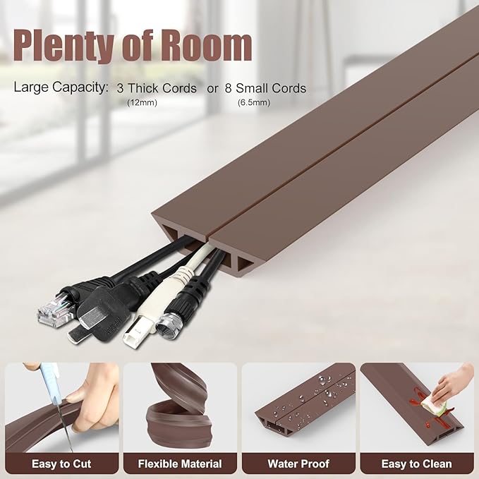 Eapele 4 ft Floor Cord Cover Heavy Duty Cable Protector, Cord Covers for Wires on Floor, Floor Cable Cover Easy to Unroll Prevent Trip Hazard for Home Office or Outdoor Settings (Brown)