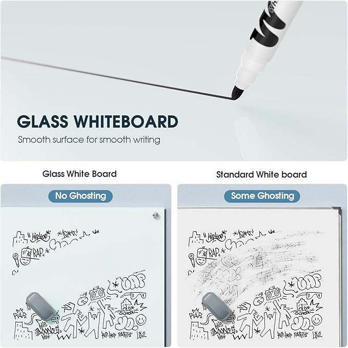 MaxGear Glass White Board 96x48 Inches, Wall Mounted Magnetic Glass Dry Erase Board, Extra Large Frameless Whiteboard with 1 Eraser,3 Markers and 6 Magnets for Office, School, Home