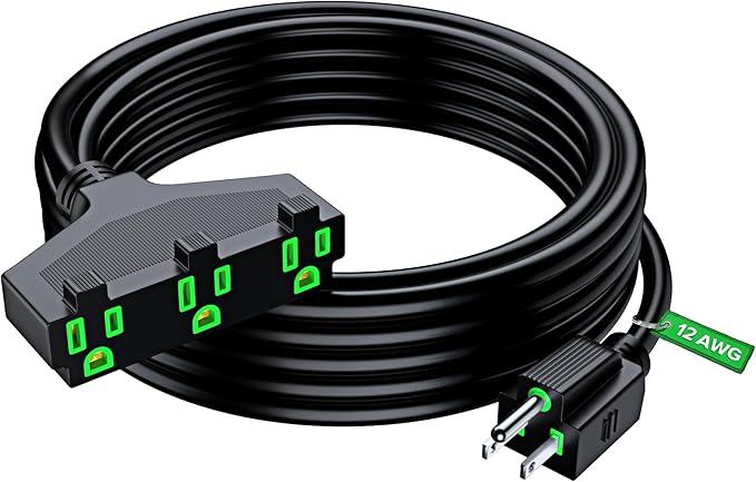 Maximm 12/3 Extension Cord 25 Feet, 12AWG, Black ETL Listed, 3 Prong Plug 3-Outlet SJTW Heavy Duty Indoor, Weather Resistant - Power Cord for Garden, Lawn, Appliances, 25ft
