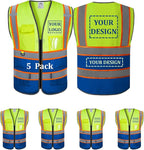 Custom Safety Vest Customized Logo Mesh Vest Class 2 High Visibility Reflective Vest with Pockets Blue workwear（Yellow Blue，M ）