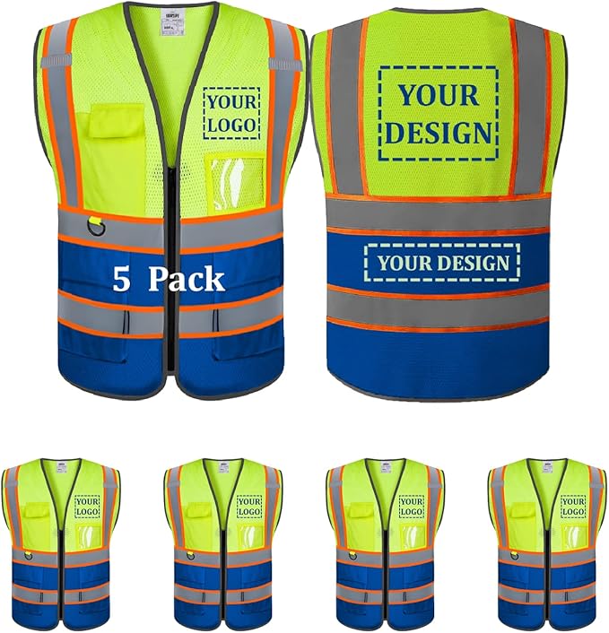Custom Safety Vest Customized Logo Mesh Vest Class 2 High Visibility Reflective Vest with Pockets Blue workwear（Yellow Blue，XXL）