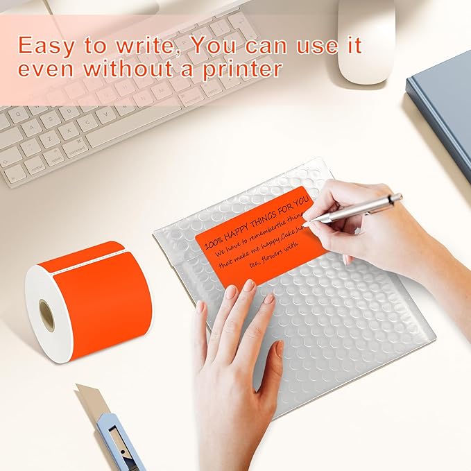 3 X 5 Inch Printable Waterproof Rectangle Color Coding Labels, 300 Per Roll Adhesive Color Coding Stickers for Bar-Codes, Address, Small Business Labeling, Fluorescent Orange