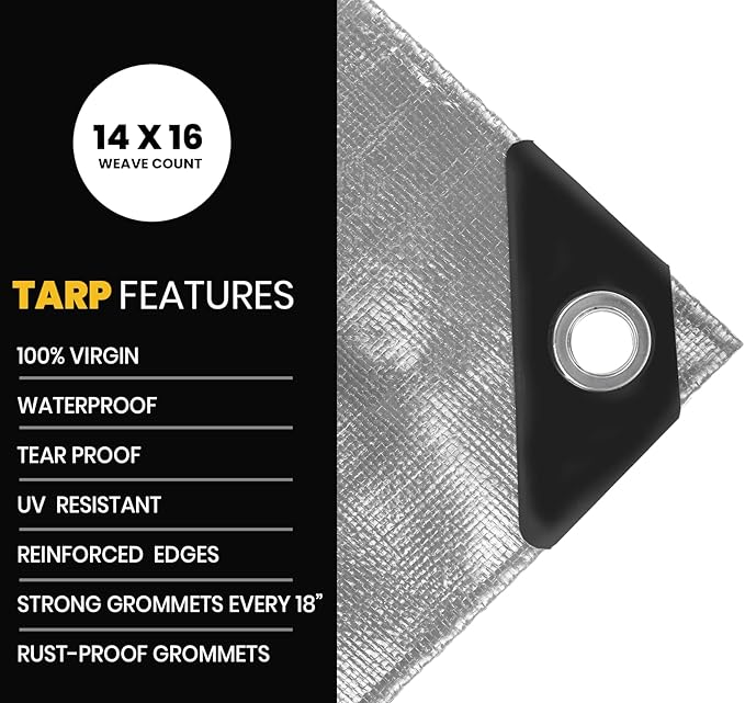 PROTARP Extra Heavy Duty 16 Mil Tarp Cover, Waterproof, UV Resistant, Rip and Tear Proof, Poly Tarpaulin with Reinforced Edges for Roof, Camping, Patio, Pool, Boat. (Silver/Black 30′ X 60′)