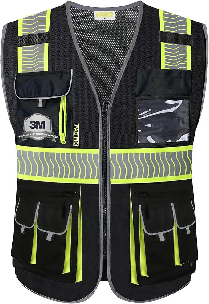 PACIFIC 10 Pockets Class 1 Safety Vest for Men, 3M High Visibility Reflective Strips, Meets ANSI/ISEA Standard, Black, X-Large