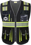 PACIFIC 10 Pockets Class 1 Safety Vest for Men, 3M High Visibility Reflective Strips, Meets ANSI/ISEA Standard, Black, Large