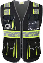 PACIFIC 10 Pockets Class 1 Safety Vest for Men, 3M High Visibility Reflective Strips, Meets ANSI/ISEA Standard, Black, Large