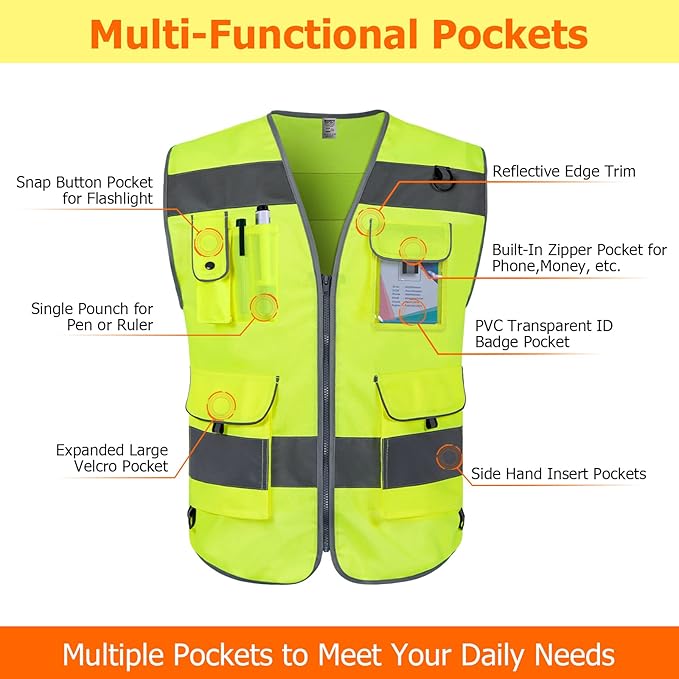 TCCFCCT High Visibility Safety Vest for Men Women 9 Pockets Hi Vis Reflective Vest for Safety, Work Vest with Reflective Strips, Meets ANSI/ISEA Standards, (Yellow, 4X-Large)