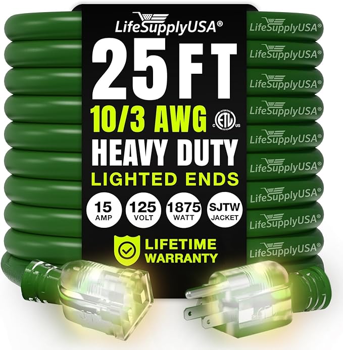 25ft Outdoor/Indoor Extension Cord 10/3 Gauge Ultra Heavy Duty 3 Prong SJTW, Waterproof, ETL Listed, Flexible Cold-Resistant Long Power Cord,15A 125V 1875W, Green by LifeSupplyUSA