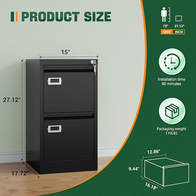 Letaya 2 Drawer File Cabinet with Lock,Metal Vertical Filing Cabinets for Home Office- Storage A4/F4/Letter/Legal -Assembly Required (Black)