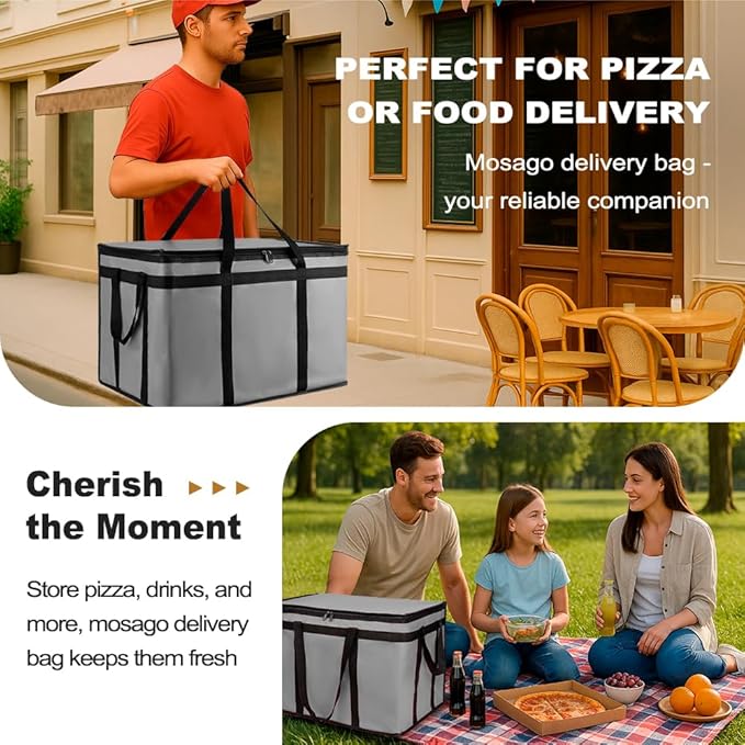 XXXL Insulated Food Delivery Bag - Reusable Thermal Cooler Grocery Bags for Catering & Delivery, Pizza Carrier for Events, Large Capacity Bag Keeps Food Hot/Cold for Shopping, Commercial (Gray, 1PK)