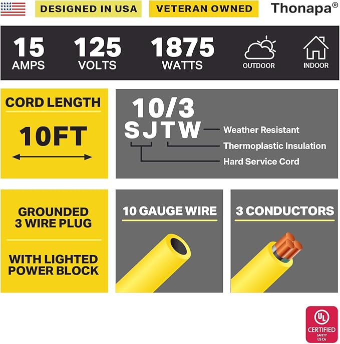 10 ft 10 Gauge Extension Cord with 3 Outlets, 10/3 Heavy Duty Outdoor Extension Cord 10' with Multiple Outlets 3 Prong, 15 Amp SJTW Weatherproof Industrial Cable, Yellow, for Major Appliances