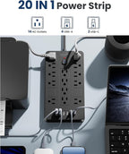 Surge Protector Power Strip-14 Outlets and 6 USB Ports, 6 Feet Flat Plug Extension Cord, 1850 Joules, Black, ETL Listed for Home, Office, Dorm Room